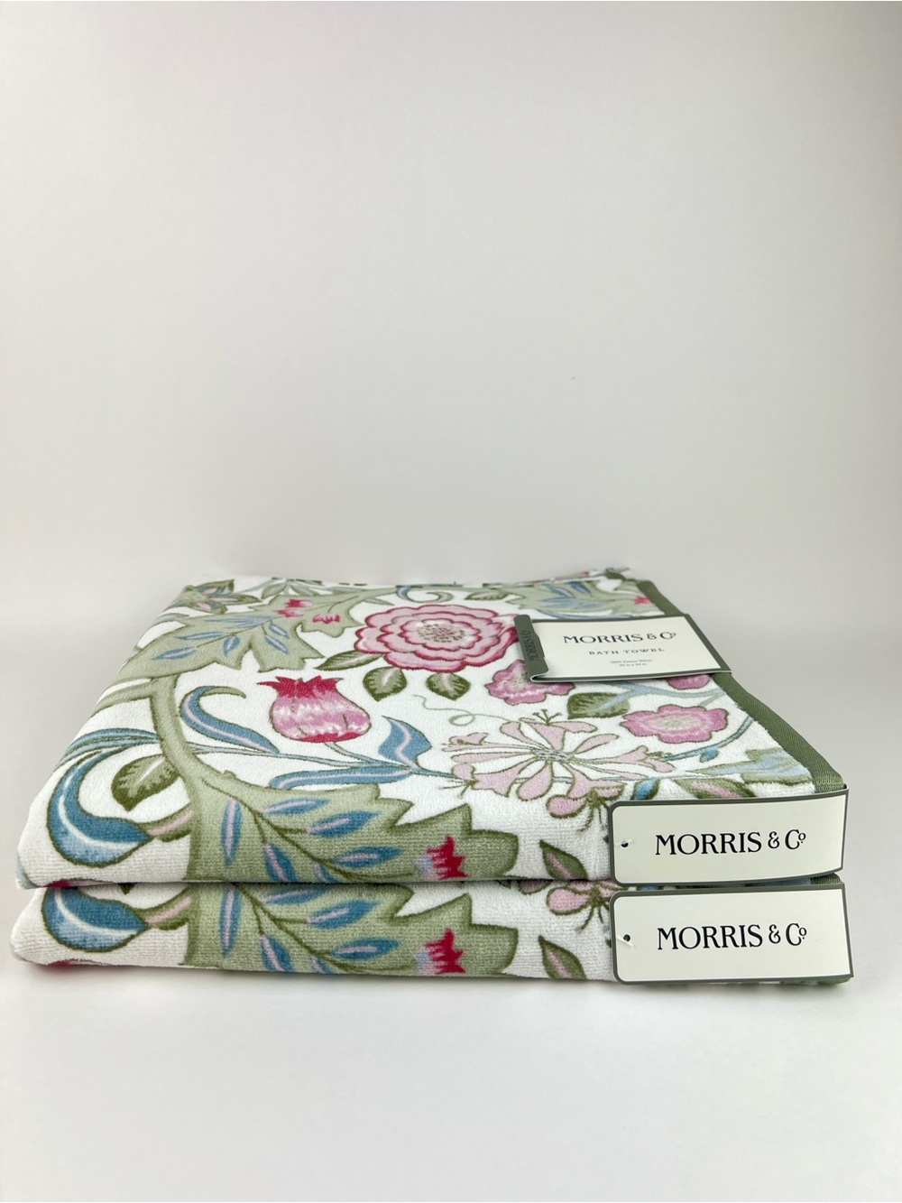William Morris Bath Towels Floral Print Green Blue Pink Velour Cotton 2 Pc NEW